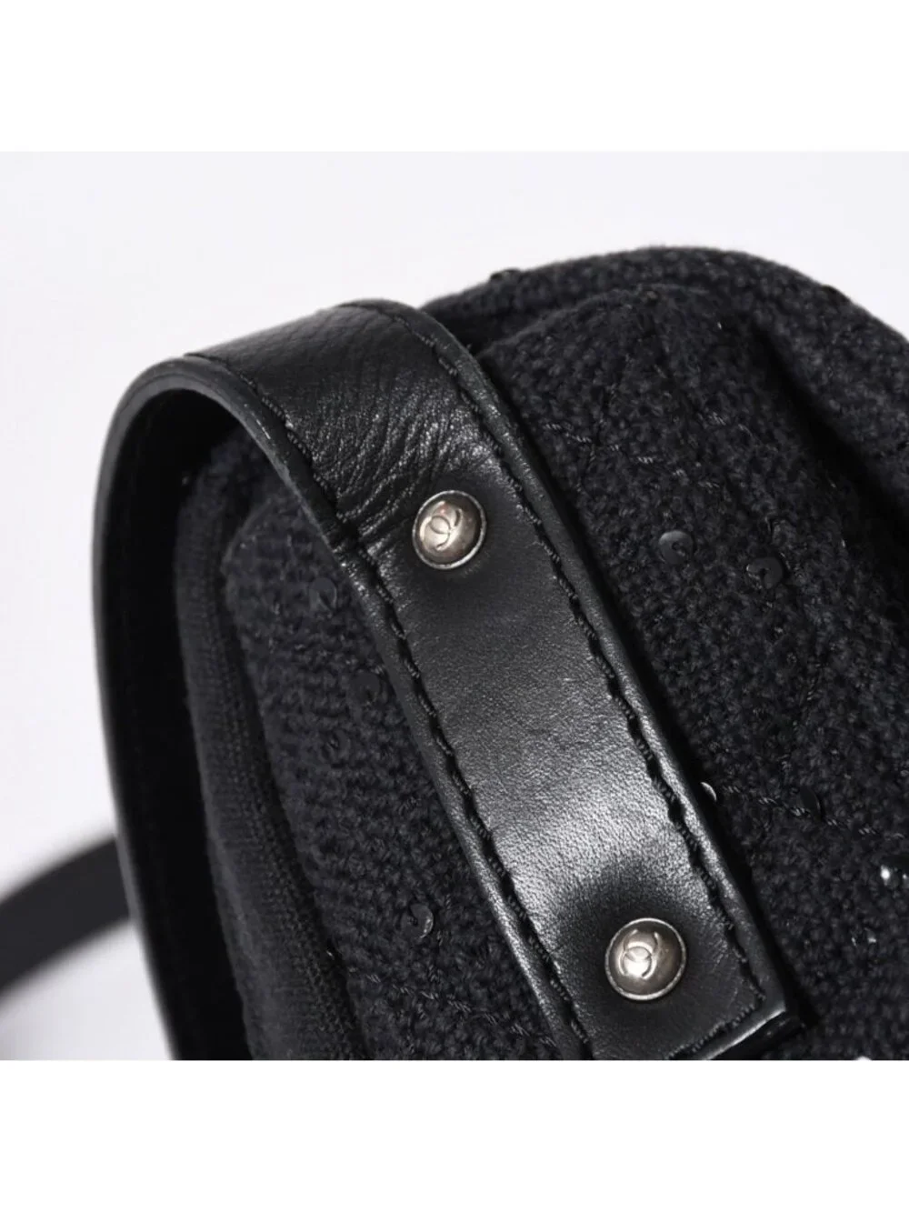Chanel 2.55 Shoulder Bag CC Logo Sequins Canvas Leather Black